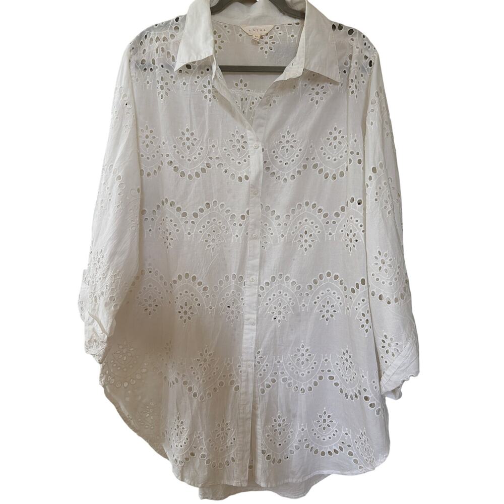 ADIVA White Button Up Shirt Women's Size 2XL Eyelet Cottagecore Coastal Timeless